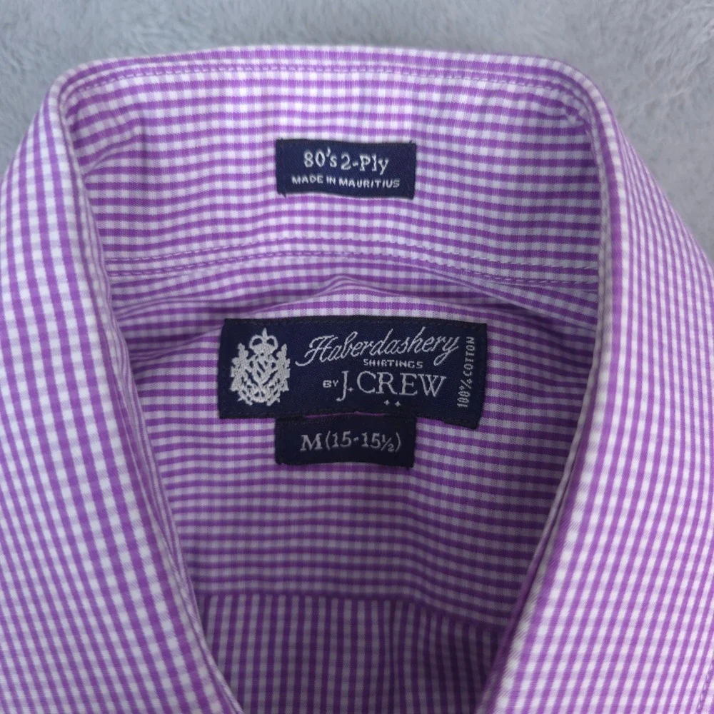 J. Crew Haberdashery Button Down Mens M 15-15.5 Purple White Gingham 80s 2-Ply